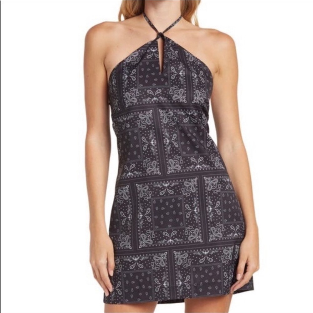 ELODIE Bandanna Paisley Halter Mini Dress Size M Black White NWT
